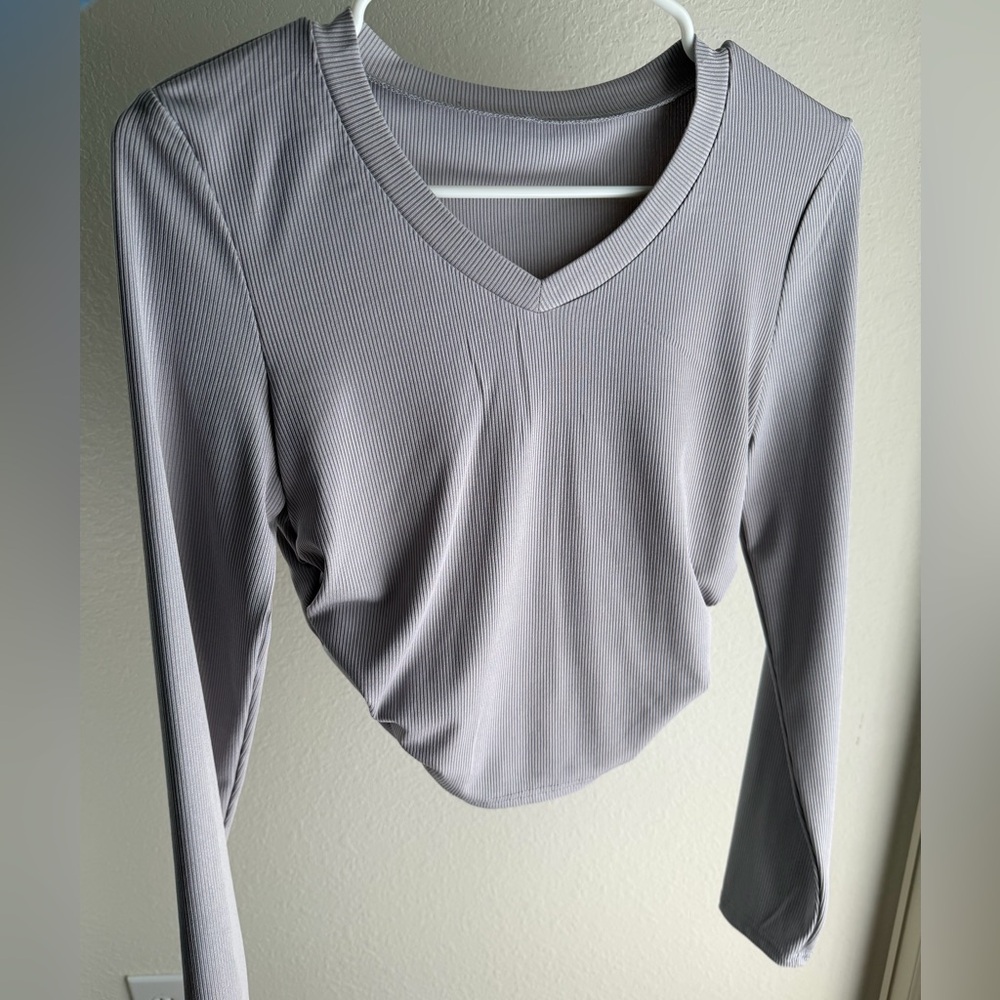 SHEIN Light Gray Ribbed V‑Neck Long Sleeve Top